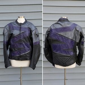 Vintage 90s y2k Black Purple Leather Armored Padded Motorcycle Moto Jacket